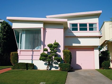 Mid Century Exterior, Daly City, Mid Century Architecture, Pink House, Cute House, Pink Houses, Architecture Exterior, Sims House, Mid Century Modern House