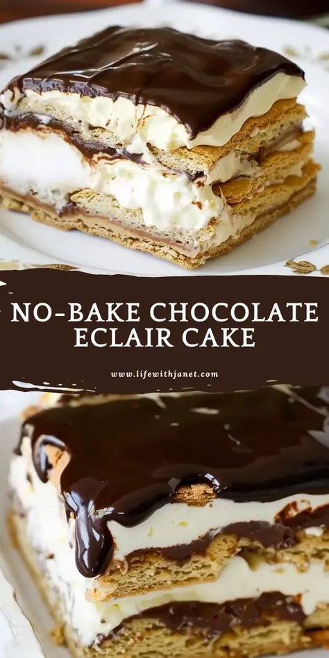 No-Bake Chocolate Eclair Cake Chocolate Eclaire Desert, Banana Eclair Cake, Choc Eclair Cake, No Bake Chocolate Eclair Cake Easy, Chocolate No Bake Dessert Recipes, No Bake Chocolate Eclair Dessert, Choc Eclair Dessert, Weekly Dessert Ideas, Pan Eclair Recipe