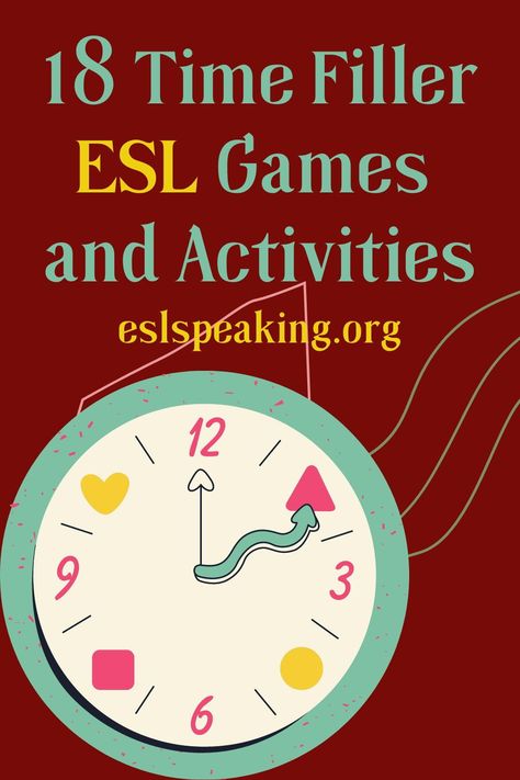 We’ve all been there—a few minutes left at the end of class but nothing planned. Or, you may even have an entire class thrown at you at the last minute and don’t have time to prepare. That’s where time filler ESL activities and games come in. Kill some time in style with these ideas! We’re here to help! #timefiller #classroomgames #esl #eslteachers #English #learningEnglish #Englishteachers #TEFL #teachingEnglish #englishteachers #teaching Esl Ideas For Adults, Esl Class Activities, Free Esl Lesson Plans, English Second Language Activities, Esl Games For Adults, Esl Games For The Classroom, English Class Ideas, English Games For Kids Teaching, Esl Games For Kids Teaching English