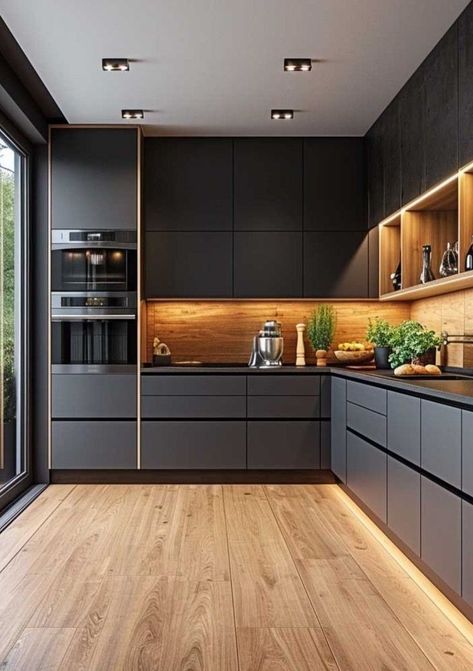 Kitchen And Dining Area Ideas, Kitchen Design And Layout, Black L Shaped Kitchen, Furniture Design For Kitchen, Modern L Kitchen Design, Practical Kitchen Layout, Kitchen Design U Shape Layout, Wood Kitchens Modern, Modern Kitchen L Shape