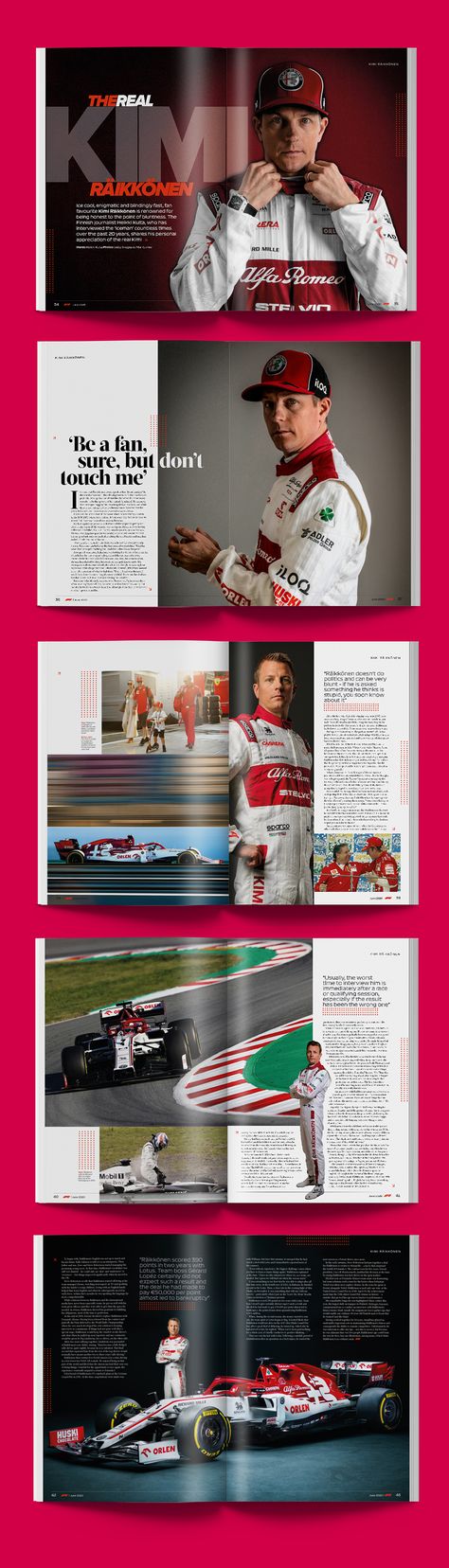 Magazine layout design for Kimi Raikkonen feature for the official Formula 1 magazine. Formula 1 Magazine Cover, F1 Magazine Design, Clean Magazine Design, Feature Magazine Layout, Sport Editorial Design, Sport Magazine Layout Design, Tech Magazine Layout Design, Magazine Feature Layout, Sports Magazine Layout Design