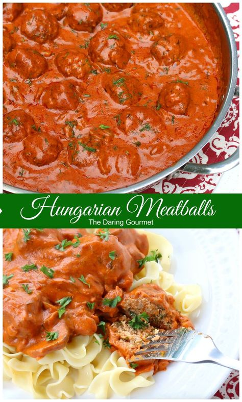 Hungarian Meatballs - a total flavor explosion! #meatballs ad daringgourmet.com Hungarian Meatball Soup, Yugoslavian Meatballs, Hungarian Meatballs, Sauce And Meatballs, Hungarian Dishes, Tender Meatballs, Hungarian Food, Eastern European Recipes, Hungarian Cuisine