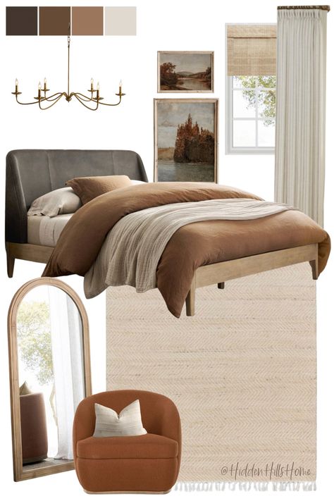 Primary bedroom decor mood board with fall tones throughout Rust And Beige Bedding, Tan Leather Bedroom, Gray And Cognac Bedroom, Brownish Bedroom, Grey Beige Bed, Rust Bedding Decor Bedroom, Charcoal And Tan Bedroom, Bedroom With Rust Bedding, Beige And Walnut Bedroom