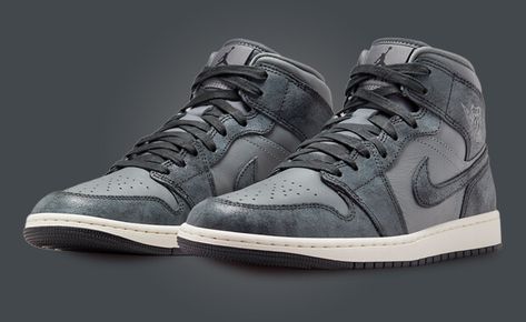 Discover the women's exclusive Air Jordan 1 Mid Distressed Smoke Grey, releasing Spring 2024. Find release information and images here. Jordan 1 Mid Outfit, Air Jordan Mid, Grey Jordans, Air Jordan 1 Mid Se, Preppy Shoes, Womens Air Jordans, Wings Logo, Sneaker Release, Latest Sneakers