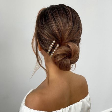 Low Bun with Pearl Barrettes Wedding Low Bun Short Hair, Classic Updos For Medium Length Hair, Straight Hair Updo Wedding, Wedding Updo For Straight Hair, Wedding Updo Low Bun, Wedding Hairstyles For Thinning Hair, Loose Low Bun Wedding Hair, Updo For Thinning Hair, Modern Updo Hairstyles