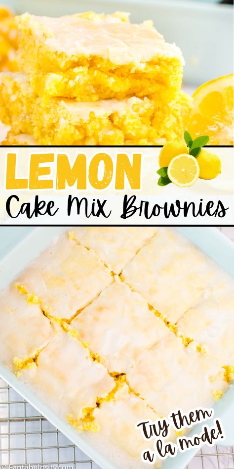 Two image collage of close up image of lemon brownies and an image showing the lemon cake mix brownies in the baking dish. White Cake Mix Brownies, Lemon Cake Brownies, Cake Mix Brownies Easy, Cake Mix Lemon Brownies, Lemon Brownies Recipe Cake Mixes, Dessert With Cake Mix Yellow, Lemon Brownies Recipe Easy, Recipe Using Lemon Box Cake, Easy Lemon Cake Mix Recipes