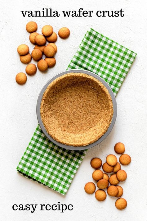 A vanilla wafer crust (AKA: Nilla wafer crust) in a metal pie pan. The pan is atop a green/white cloth gingham napkin. Also in the image is a double scattering of vanilla wafer cookies. This is an overhead image. The background is bright white. Vanilla Wafer Pie Crust, Nilla Wafer Crust, Banana Pudding Ingredients, Vanilla Wafer Crust, Food Processor Uses, Crumb Crust, Vanilla Wafer, Homemade Pie Crust Recipe, Homemade Pie Crusts