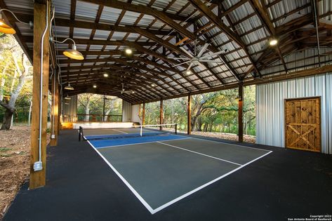 A San Antonio mansion with a covered pickleball court and a two-story pool house is now for sale Home Pickleball Court, Barn Gym, Barn Pool House, Indoor Pickleball, Home Basketball Court, Backyard Sports, Pickleball Courts, Garage Guest House, Party Barn