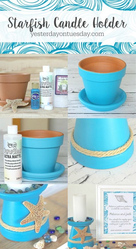 Beachy Candle Holders, Beachy Candles, Fashion Maker, Clay Pot Projects, Nautical Crafts, Terra Cotta Pot Crafts, Flower Pot Crafts, Inspirational Printables, Diy Candle Holders