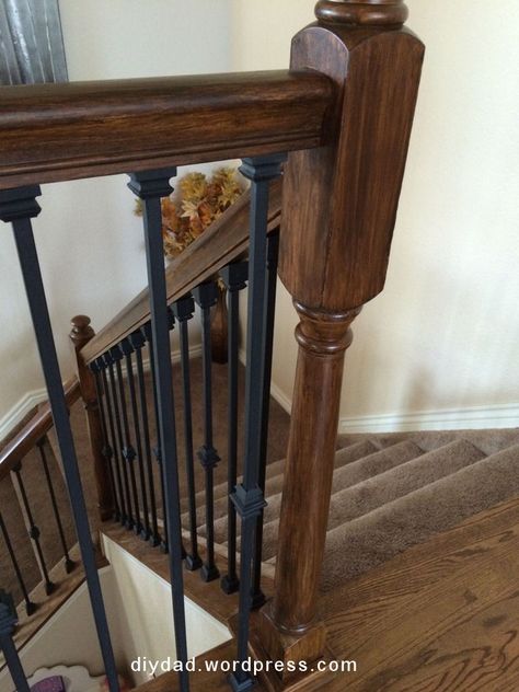 Railings Stairs, Wood Banister, Wrought Iron Spindles, Basement Diy, Stairs Diy, Stair Railing Makeover, Diy Stairs Makeover, Iron Stairs, Diy Stair Railing