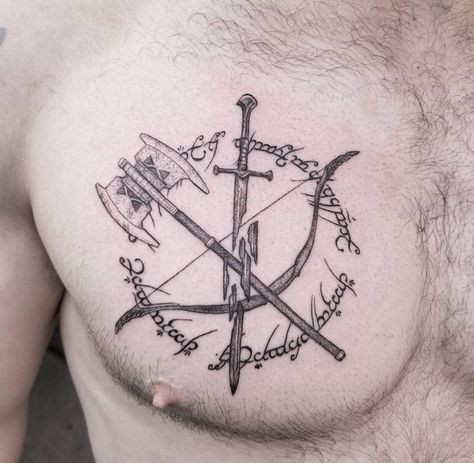 Unique Lord Of The Rings Tattoo, Lotr Tattoo Men, Lord Of The Rings Tattoo Ideas For Men, Fellowship Of The Ring Tattoo, Last Kingdom Tattoo, Lotr Tatoos, Lord Of The Ring Tattoo, The Lord Of The Rings Tattoo, Silmarillion Tattoo