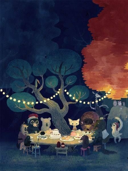 evening dining In The Forest Illustration, Birthday Party Night, Night In The Forest, Animals Birthday Party, 동화 삽화, Animals Birthday, Illustration Noel, Forest Illustration, Animal Birthday Party