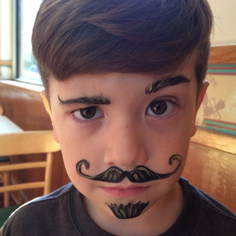 Boy's black mustache, goatee & eyebrows facepainting Moustache Face Paint, Mustache Face Paint, Kids Pirate Makeup, Diy Mustache For Face For Kids, Simple Facepainting Ideas Easy For Kids, Simple Face Painting Ideas For Kids Boys, Easy Kid Face Painting Ideas, Circus Face Paint, Face Paint For Boys