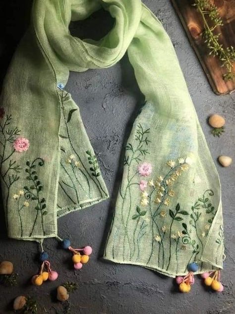 Dancing Flowers, Wear Scarf, Sulaman Pita, Broderie Simple, Embroidery Scarf, Designer Scarf, Linen Scarf, Embroidered Scarf, Handmade Embroidery Designs