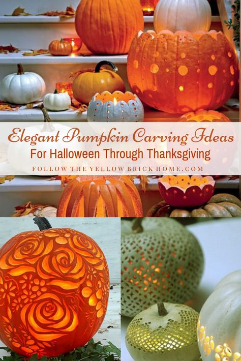 Elegant pumpkin carving ideas that can be used all fall long. Great for Halloween or Thanksgiving Pumkin Decoration Ideas Turkey, Non Halloween Pumpkin Carving, Elegant Pumpkin Carving, Pumpkin Carving Ideas Pretty, Pretty Pumpkins Carving, Pretty Pumpkin Carving Ideas, Pumpkin Carving Faces Easy, Thanksgiving Pumpkin Carving, Cool Pumpkin Designs