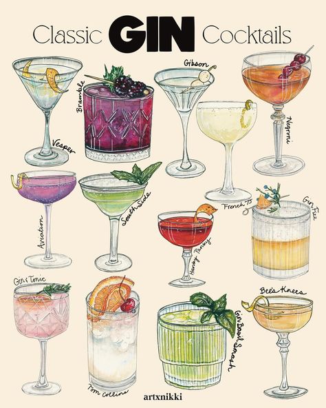 for all of my cocktail lovers! we painted the classics of gin, vodka, bourbon, and tequila cocktails🍹pick your favorite or hang all 4 together. now available online, cheers! Drink Recipes Aesthetic, Gin Basil Smash, Basil Smash, Classic Gin Cocktails, Cocktail Prints, Cocktail Names, Cocktail Ideas, French 75, Gin Cocktail