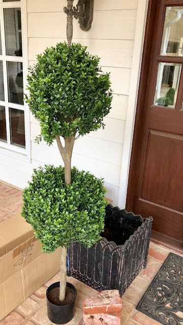 My favorite faux topiary for Outside - Eleven Gables Porch Topiary, Boxwood Planters, Live Topiary, Faux Outdoor Plants, Porch Planter Ideas, Faux Topiary, Front Door Plants, Front Door Planters, Front Porch Plants