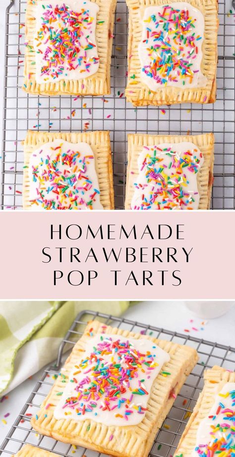 These homemade strawberry pop tarts are absolutely amazing. The dough is flaky and the fresh strawberry jam filling is the perfect addition to these pop tarts! Strawberry Poptart Recipe, Pop Tart Crust Recipe, Homemade Poptarts With Pie Crust Dough, Homemade Strawberry Pop Tarts, Homemade Poptarts Recipe, Homemade Pop Tarts Pie Crust, Pop Tart Filling, Poptart Recipe Homemade, Pop Tart Recipes