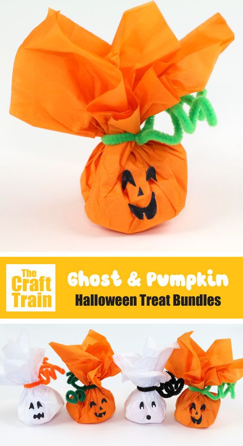 Pumpkin and Ghost Halloween treats - The Craft Train Diy Halloween Goodies, Halloween Bags Preschool, Dollar Tree Halloween Goodie Bags, Halloween Ziplock Bag Ideas, Fall Themed Treats For School, Halloween Treats Prepackaged, Halloween Treats For Class Party, Halloween Candy Craft Ideas, Halloween Goodie Bags Diy