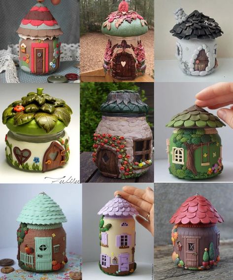 Jar Fairy House, Fairy House Ideas, Polymer Clay Jar, Fimo Halloween, Polymer Clay Kunst, Polymer Clay Halloween, Clay Fairy House, Polymer Clay Fairy, Clay Jar