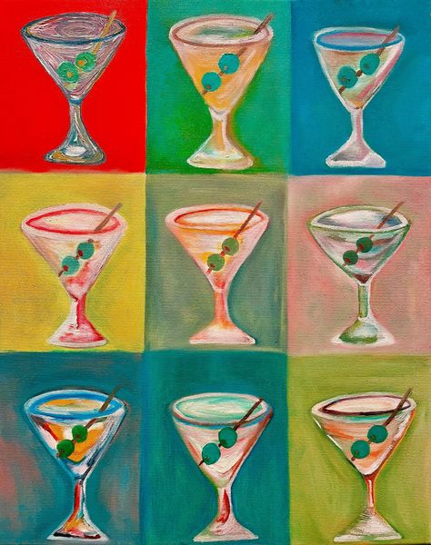 This poster is bright and fun! It makes for perfect bar cart art, or serves as an accent piece, bringing a splash of color into any room. The painting itself is oil paint on canvas, and the prints are derived from the original painting. Bright Colorful Posters, Painted Posters For Room, Bar Wall Art Painting, Martini Glasses Painting, Prints For Bar Cart, Bar Cart Painting Ideas, Fun Poster Ideas, Bar Cart Artwork, Bar Painting Ideas