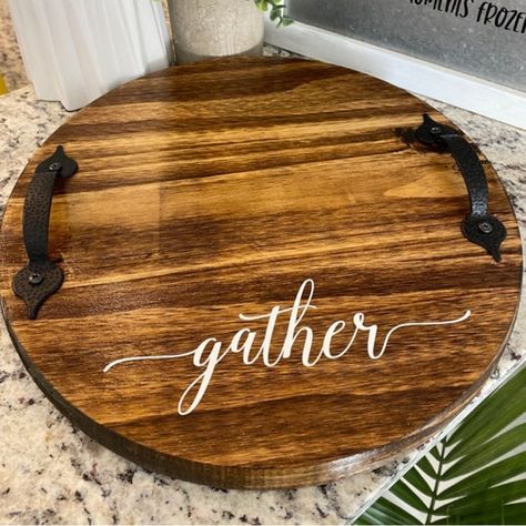 Handmade Wood Tray Charcuterie Board With Metal Handles 12” Round Gather Wood Slice Charcuterie Board, Wood Plate Decor, Wood Rounds Crafts, Charcuterie Board Tray, Charcuterie Board With Handles, Circle Signs, Tray Charcuterie Board, Cutting Boards Decor, Round Wood Tray