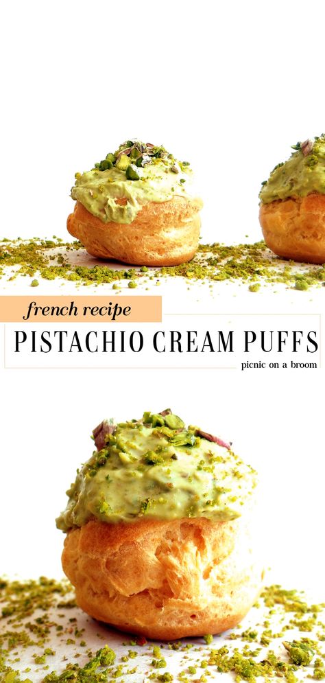 Pistachio Pastry Cream Recipe, What To Do With Pistachio Cream, Pistachio Cream Puffs, Apricot Curd, Tea Time Treats, Cream Cheese Puffs, Mediterranean Desserts, Chocolate Cream Puff, Choux Cream