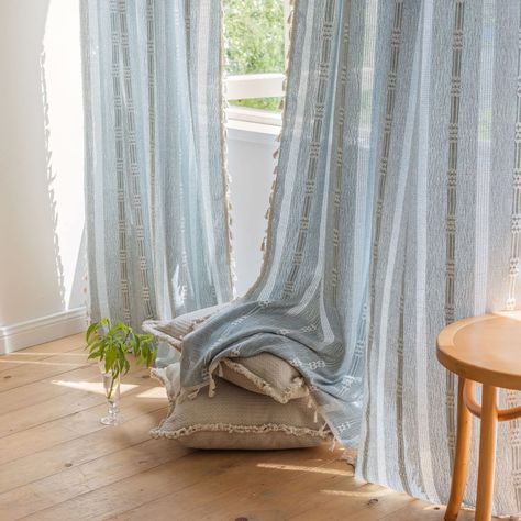 PRICES MAY VARY. ✿Ready Made Window Curtains : Package includes 2 Boho Window Curtain panels, each measuring 52"W & 63"L . Rod Pocket design, easy to install and slide. Refresh your space with the soft look and peaceful feel of our curtains ✿Bohemian Design: Our greyish blue country farmhouse curtains are made of natural cotton linen blend fabric which is soft handfeel and looks rustic and chic ,featuring with exquisite embroidery stripe and bohemian tassel, beautifully frames your windows with Blue Light Filtering Curtains, Rideaux Boho, Farmhouse Window Treatments, Store Venitien, Grey Drapes, Farmhouse Window, Bohemian Curtains, Privacy Curtains, Window Curtain Rods