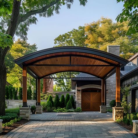 Elegant modern carport with an arched roof crafted from wood and stone, set against the luxurious backdrop of a leafy suburban home. This high-end structure combines functionality with natural materials, beautifully illuminated by bright daylight. Perfectly captured in a hyper-realistic style, the image showcases the harmony of design and environment. Cool Carports, Fancy Carport, Car Port Ideas Carport Designs, Carport In Front Of House, Arched Roof, Wooden Carports, Modern Carport, Evergreen House, Car Shed