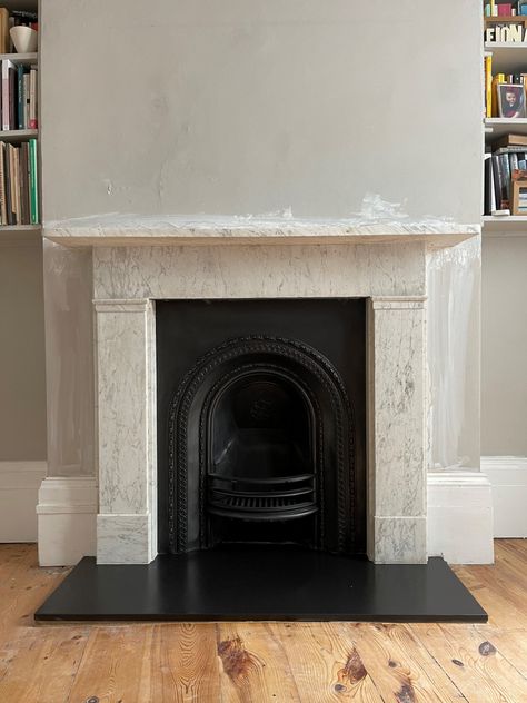 Victorian 2 storey terraced house with 2 fireplaces needing restoration. LANDSDOWNE DRIVE LONDON FIELDS E8 (2021) Back Room – Ground Floor: Victorian Carrara marble flat top surround needing full restoration due to movement and damage. The cast iron arched insert missing various parts and badly damaged burning area. Surround and insert were removed. Marble surround was fully restored including Victorian Fireplace Ideas, Victorian Bedroom Fireplace, Fireplace Hearth Stone, Fireplace Restoration, Arched Fireplace, Victorian Fireplace Tiles, Marble Fire Surround, Edwardian Fireplace, Cast Iron Fireplace Insert