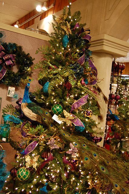 *Pretty Peacock Christmas Decorations, Peacock Christmas Tree, Peacock Christmas, Peacock Theme, Beautiful Christmas Trees, Green Christmas Tree, Noel Christmas, Christmas Tree Themes, Blue Christmas