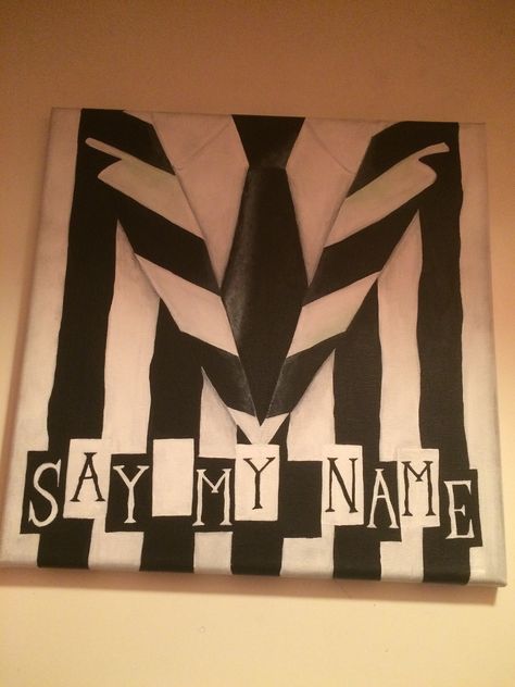 Based off of the Playbill for the Broadway musical with the lyrics "say my name" Beetle Juice Painting Canvas, Beetlejuice Acrylic Painting, Music Paintings On Canvas, Word Painting Ideas, Beetlejuice Painting Ideas, Painting Ideas On Canvas Fall Aesthetic, Beetlejuice Painting Canvas, Beetle Juice Painting, Beetlejuice Sketch