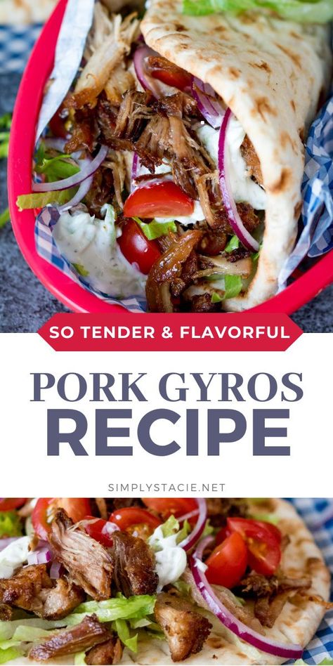 Pork Gyros with Tzatziki and Sweet Chili Sauce - This recipe for pork gyros is a keeper – one taste and you’ll be hooked! Pork Gyros Recipe, Gyro Meat Recipe, Greek Night, Pork Gyros, Gyros Recipe, Recipe For Pork, Lamb Gyros, Pork Wraps, Greek Gyros