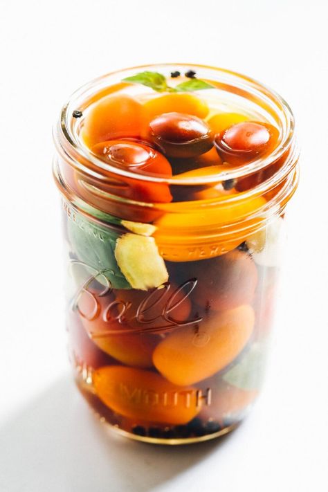 Easy Pickled Cherry Tomatoes • Heartbeet Kitchen Abundance Of Tomatoes, Pickled Cherry Tomatoes, Allotment Recipes, Heartbeet Kitchen, Pickled Things, Canning Cherry Tomatoes, Pickled Foods, Pickled Tomatoes, Pickled Cherries