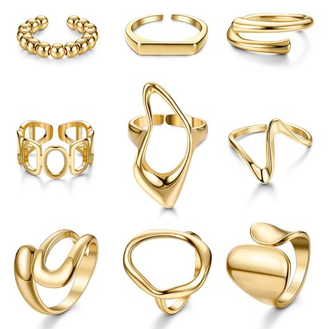 PRICES MAY VARY. VALUE GOLD RINGS SET: You will get 9 pcs 18K gold plated chunky rings with different styles, all of which are chic and attractive. You can combine them with other accessories,various styles can match your different outfits. ADJUSTABLE SIZE: All gold rings are open design,which can be fine-tuned from size 6 to size 9,adjustable size for easy wearing. You can wear them individually or stacked,adjust the size to fit your different fingers for different wearing effects. HIGH QUALITY Gold Chunky Rings, Ring Plate, Thick Ring, Open Rings, Ringe Gold, Chunky Rings, Gold Ring Sets, 18k Gold Ring, Domed Ring