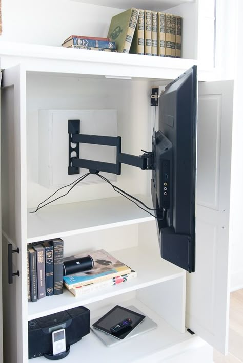 Friday Feels - Hidden TV Cabinet Built-ins - The Lilypad Cottage Hide Your Tv, Hidden Tv Cabinet, Tv Wall Panel, Tv Cupboard, Swivel Tv Stand, Tv Wall Cabinets, Tv In Kitchen, Living Room Built Ins, Tv Cabinet Design