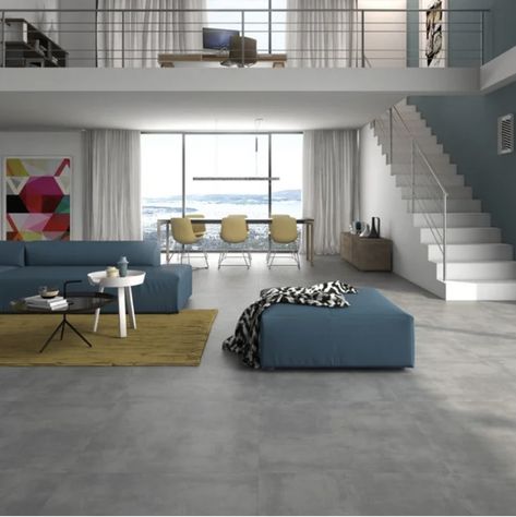 Grey Floor Tiles Living Room, Grey Tiles Living Room, Concrete Look Wall, Tiles Living Room, Tile Floor Living Room, Grey Floor Tiles, Grey Tiles, Luxury Bedroom Master, Grey Flooring