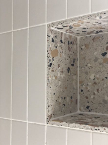 How To Create A Modern Impactful Bathroom With Mandarin Stone Terrazzo Shower Niche, Porcelain Tiles Bathroom, Brown Terrazzo, Terrazzo Bathroom, Mandarin Stone, Bilik Air, Upstairs Bathrooms, Bathroom Inspo, Porcelain Flooring