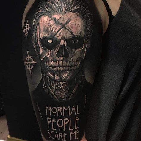 american horror story | done by tattoos by jyrke Tate Langdon Tattoo, Ahs Tattoo, American Horror Story Tattoo, Tate Langdon, Horror Tattoo, Normal People, Evan Peters, Amazing Day, Horror Story