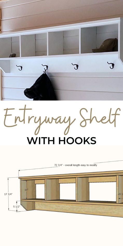 Front Entrance Shelf With Hooks, Shelves With Hooks Entrance, Entry Hooks Shelf, Entryway Cubby Shelf With Hooks, Shelf Hooks Entryway, Coat Hooks With Shelf Above, Shelf With Coat Hooks, Entryway Bench With Coat Rack, Wall Coat Hook Ideas Entryway