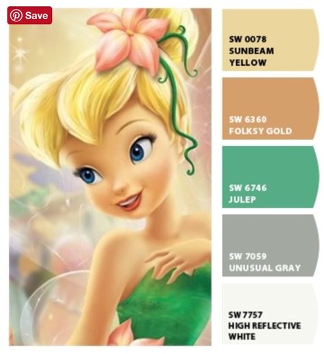 Disney Tinkerbell inspired color palette Tinker Bell Color Palette, Fairy Color Pallete, Disney Character Color Palettes, Disney Character Color Schemes, Tinkerbell Characters, Disney Office, Movie Color Palette, Disney Princess Colors, Disney Tinkerbell