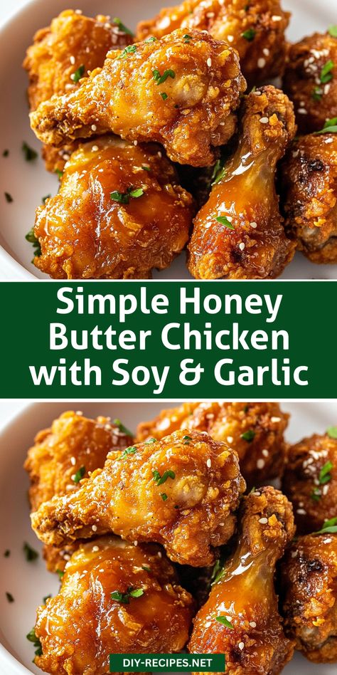 Try this delicious honey butter fried chicken recipe, with hints of soy sauce and garlic. Perfect for weeknight dinners! Garlic Butter Chicken Bites Recipe, Honey Butter Chicken Recipe, Fried Chicken Sauce Recipes, Sauce For Breaded Chicken, Chicken Wings Recipes For Dinner, Honey Chicken Sauce, Honey Soy Sauce Chicken, Honey Sauce For Chicken, Honey Butter Fried Chicken