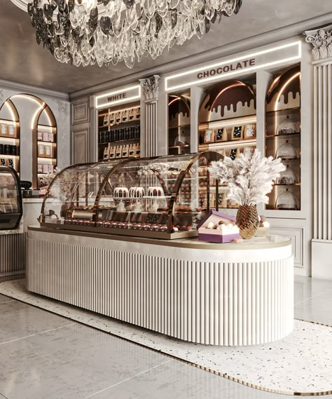 chocolate Shop , KSA on Behance Chocolate Store Design, Bakery Shop Interior, Decoration Things, Chocolate Store, Bakery Shop Design, Chocolate Stores, Bakery Interior, Feminine Essence, Bakery Design Interior