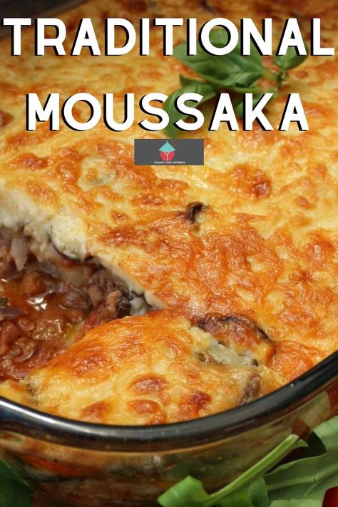 Traditional moussaka is a classic Greek baked casserole, with layers of seasoned ground meat, potatoes, and eggplant, topped off with a creamy cheese bechamel sauce. Recipe For Moussaka, Mousacca Recipe, Greek Eggplant Moussaka, Authentic Moussaka Recipe, Musaka Recipe Vegetarian, Eggplant Recipes Moussaka, Greek Main Dishes Meat, Mousaka Recipe Easy, Healthy Moussaka Recipe