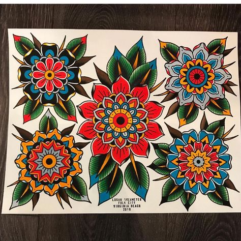 Tattoo Flash Collective on Instagram: “Awesome painted flash sheet by @loganshermeyerart thank you for tagging us in your pics. www.tattooflashcollective.com (link in bio)” Traditional Mandala Tattoo, Mandala Arm Tattoo, Desenhos Old School, Vintage Flower Tattoo, Mandala Flower Tattoos, Traditional Tattoo Flowers, Neotraditional Tattoo, Traditional Tattoo Sleeve, Elbow Tattoos