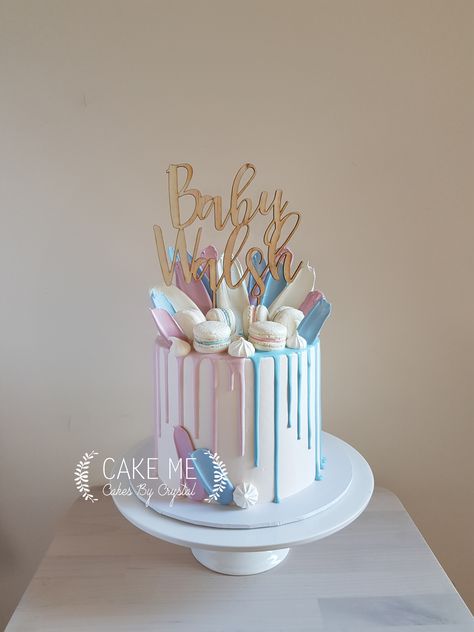 Pastel Pink And Blue Cake, Pink And Blue Drip Cake, Baby Shower Cake Designs Pink And Blue, Gender Reveal Drip Cake, Blue And Pink Cake Design, Blue And Pink Cake Birthday, Pink And Blue Baby Shower Cake, Pink And Blue Birthday Cake, White Gender Reveal Cake