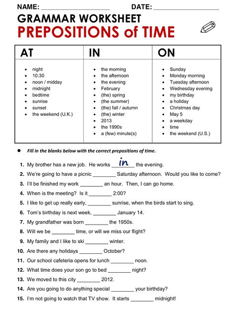 Fun English Grammar Worksheet Prepositions of Time | Educative Printable Class 9 English Grammar, Verb Preposition Worksheet, Preposition Activities Worksheets, Grammar Exercises Worksheets, In On At Prepositions Worksheet, Grade 3 Grammar Worksheets, At On In Worksheet, Worksheet Of Preposition, Worksheet On Preposition