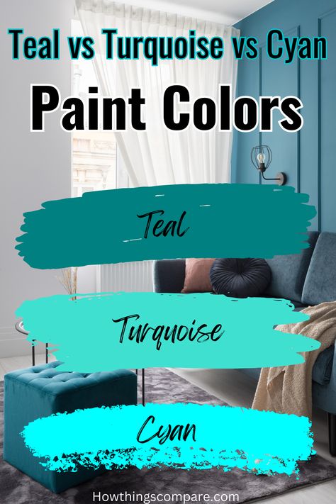 Teal vs Turquoise vs Cyan: Paint Colors Compared In this article, you will learn about teal, turquoise, and cyan colors including a side-by-side comparison. If you are considering either of these colors, the following information will help you make the right decision. teal paint color | turquoise paint color | cyan paint color Teal Turquoise Living Room, Living Room Turquoise Accents, Cyan Paint Color, How To Mix Teal Color, Cyan Bedroom Ideas, Teal Paint Colors For Bedroom, Turquoise Palette Colour Schemes, How To Make Teal Color, Lively Color Palette