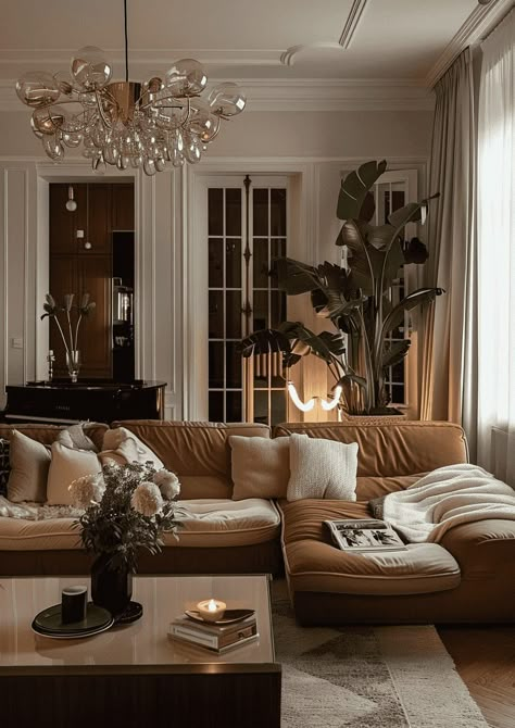 Elegant And Cozy Living Room, Sophisticated Cozy Living Room, Vintage Glamour Living Room, Warming Up A Grey Living Room, Elegant Eclectic Living Room, Cream Cozy Living Room, Brown Couch Fall Decor, Marble And Gold Living Room, Chic Cozy Living Room