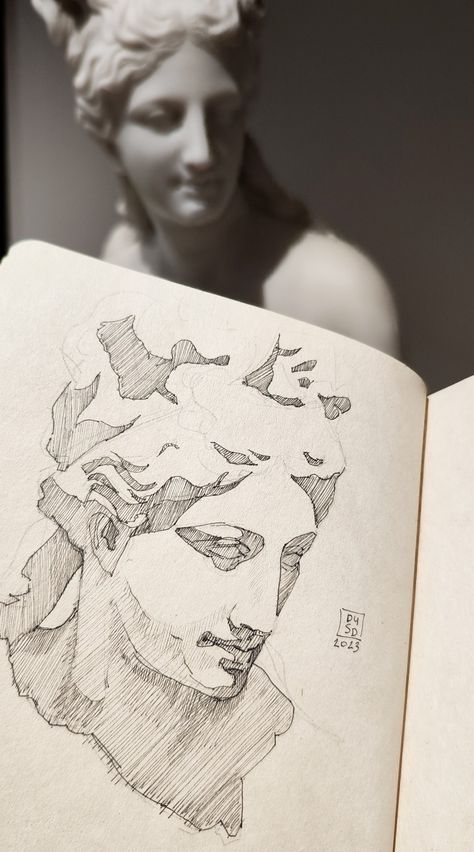 The best place to study art. Ancient n modern in one place to see. Love this liner sketch of classical statue. By DUSD ART Statue Study Sketch, Ancient Greek Sculpture Drawing, Art History Drawings, Sketches Of Statues, Drawing Of A Statue, Ancient Sculpture Drawing, Statue Drawing Sketch Easy, Classical Art Sketch, Art Sketches Practice